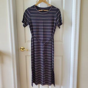 Banana Republic Black, Tan Stripes Midi Dress Short Sleeve Belted Office Wear